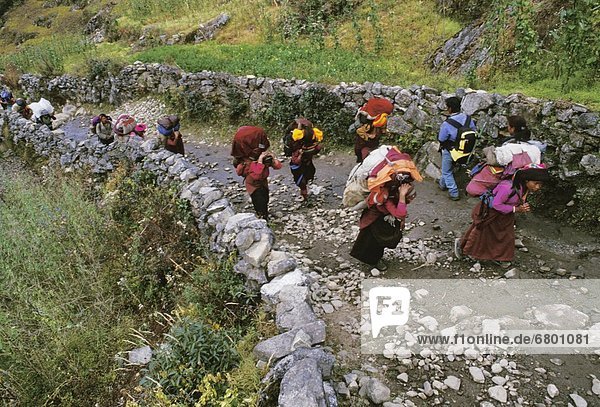 Mountainous People Walking On Stone Road  Khumbu  Nepal