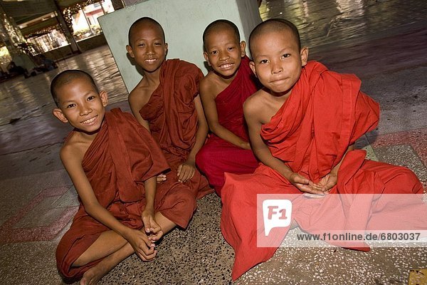 Four Young Buddhist Monks In A Temple  Yangoon Myanmar