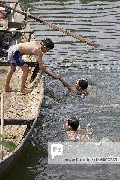 Mekong River Vietnam Young Boys Swimming