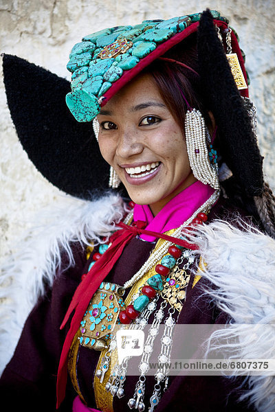A Beautiful Ladakhi Women In Traditional Costume Jewelry  Ladakh Jammu And Kashmir India