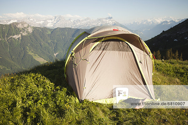 Switzerland  Leysin  Tent pitched on Alpine meadow