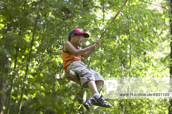 Boy on tree swing  smiling
