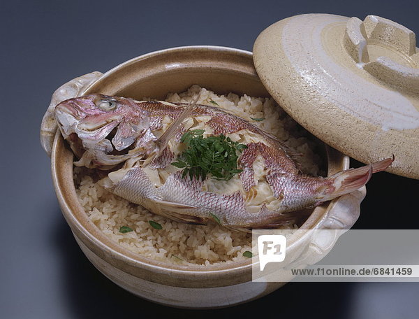 Cooked sea bream on rice in crock pot  black background