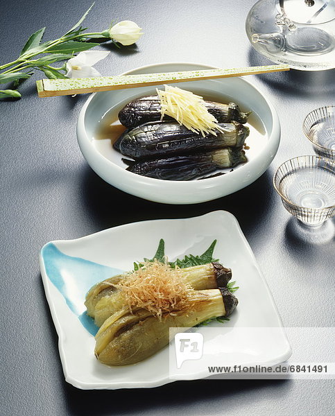 Dishes of cooked eggplants
