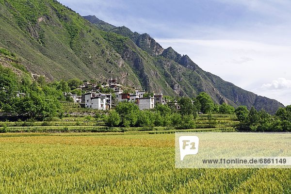 Berg Dorf Seitenansicht China Nestbau Tibet Sichuan