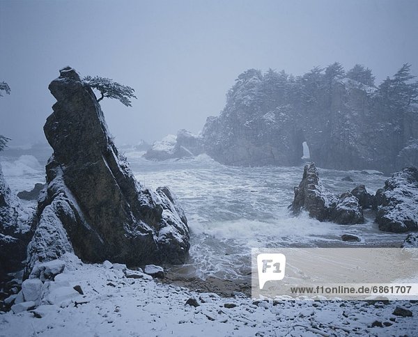 Snow Covered Rocks on the Shore at a Beach in Winter. Niigata Prefecture  Japan
