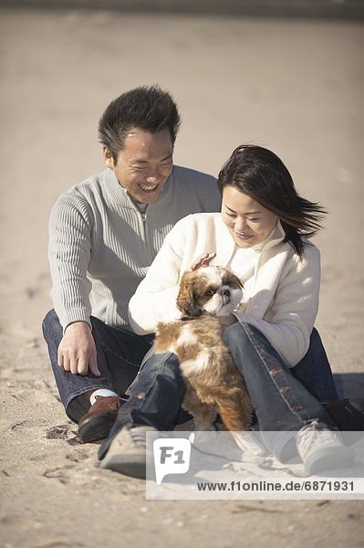 Couple with dog sitting on beach  smiling
