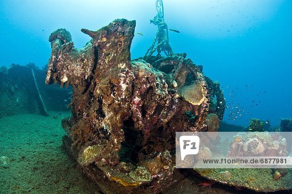 Gear on the deck of the wreck of the Lesleen M  a freighter sunk as an artificial reef in 1985 off Anse Cochon Bay  St. Lucia  West Indies  Caribbean  Central America