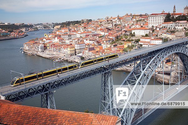The Dom Luis 1 Bridge over the River Douro showing Porto Metro light rail in transit and Arrabida Bridge in background  Porto (Oporto)  Portugal  Europe