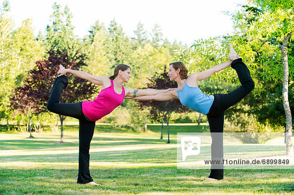 Zwei Frauen  die sich gegenseitig beim Yoga unterstützen  posieren in einem Park.