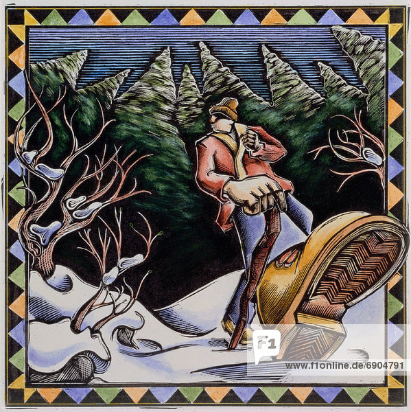 Illustration of Man Walking Through Forest in Winter