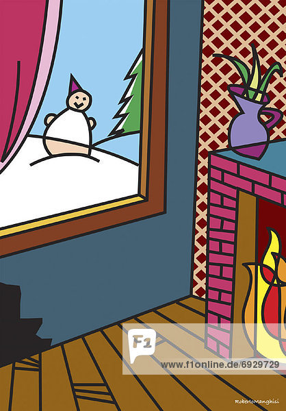 Illustration of Room with Fireplace and Window