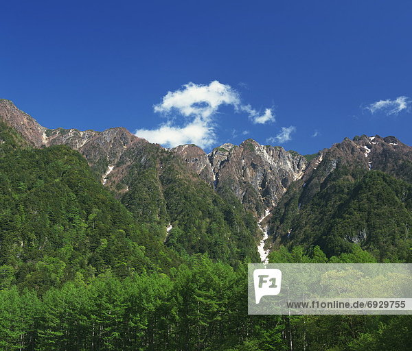 A forest and a mountain range  Kamikochi  Matsumoto  Nagano Prefecture  Japan