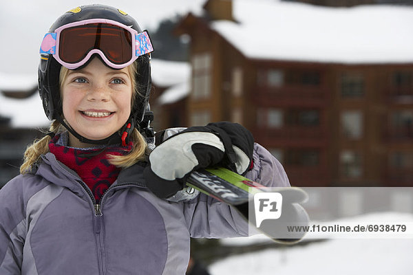 Portrait of Girl with Skis  Whistler  British Columbia  Canada