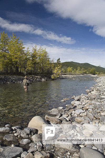 Man Flyfishing in River  Kananaskis Country  Rocky Mountains  Alberta  Canada