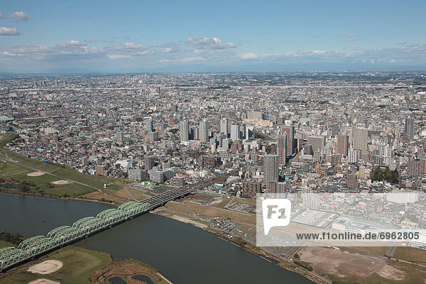 Aerial view of Arakawa river  Kawaguchi City  Saitama Prefecture  Honshu  Japan
