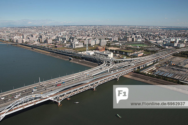 Aerial view of bridge over Tokyo bay  Edogawa ward  Tokyo Prefecture  Honshu  Japan