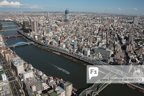 Aerial view of Sumida river  Taito ward  Tokyo Prefecture  Honshu  Japan