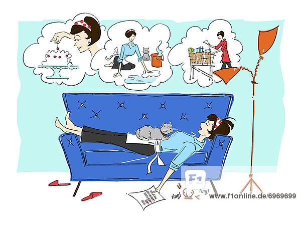 Illustration of 1950s Housewife Dreaming of Chores