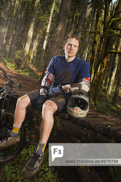 Portrait of Mountain Biker  Blackrock Mountain Bike Park  Near Salem  Oregon  USA