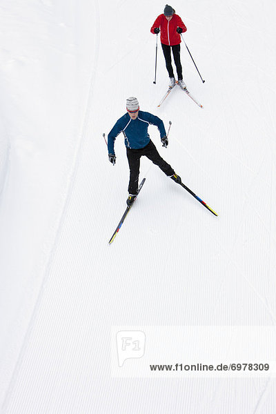 Overhead View of Couple Cross Country Skiing  Whistler  British Columbia  Canada
