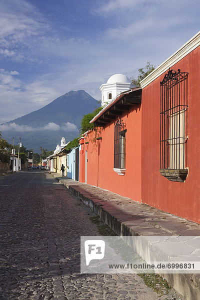 Street and Volcan de Agua  Antigua  Sacatepequez Department  Guatemala