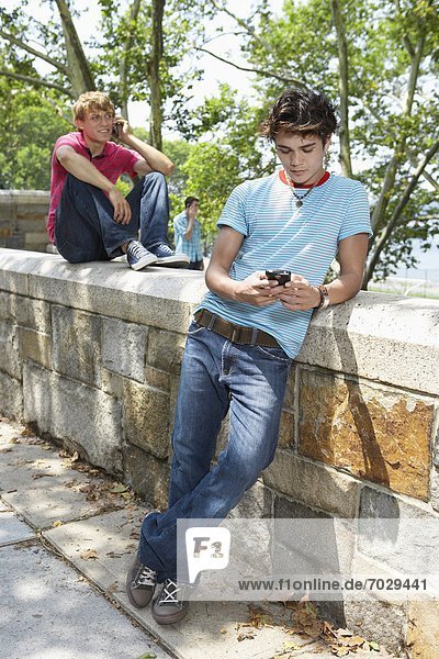 Teenage boy with mobile phone  friends in background