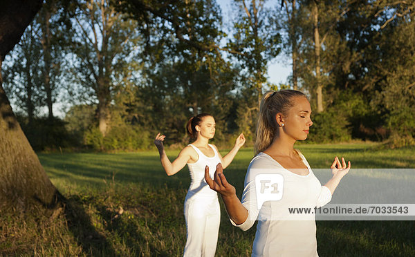 Zwei junge Frauen machen eine Yogaübung im Freien