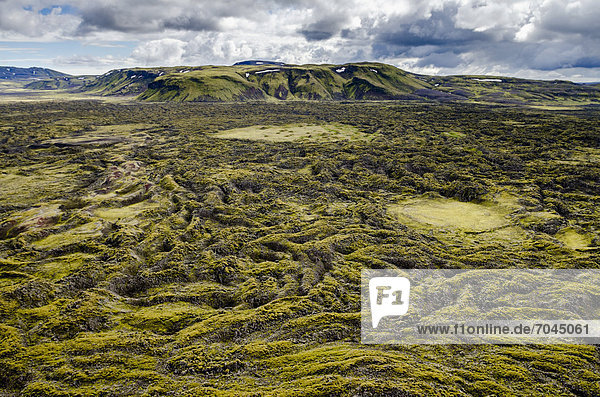 Aerial view  moss-covered lava field  Craters of Laki or LakagÌgar  Icelandic Highlands  Southern Iceland  Su_urland  Iceland  Europe