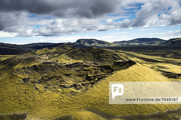 Aerial view moss-covered Craters of Laki or LakagÌgar Icelandic Highlands Southern Iceland Su_urland Iceland Europe