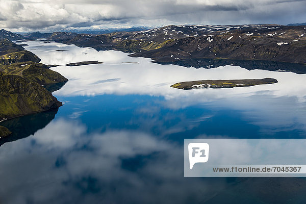 Aerial view Lake LangisjÛr moss-covered mountains Icelandic Highlands Iceland Europe