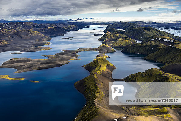Aerial view  Lake LangisjÛr  moss-covered mountains  Icelandic Highlands  Iceland  Europe