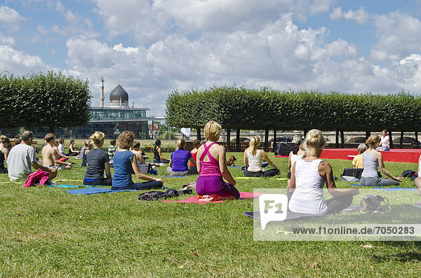 Yoga-Session an der frischen Luft  auf der Elbwiese  Dresden  Sachsen  Deutschland  Europa
