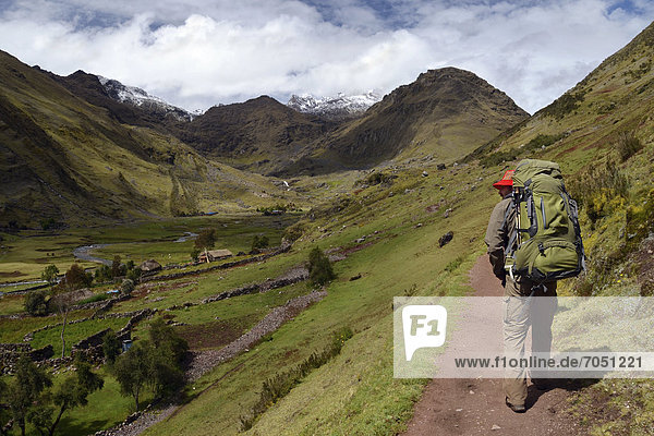 Tourist traveling through the Andes  near Machu Picchu  Cusco  Peru  South America