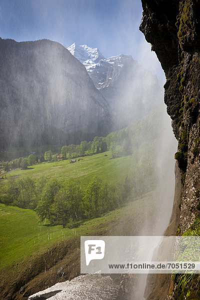 Staubbachfall bei Lauterbrunnen mit Blick auf die Berner Alpen  Berner Oberland  Schweiz  Europa