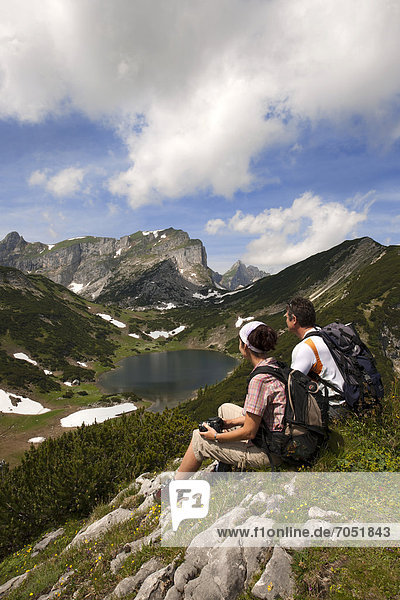 Hikers in the Rofan Mountains  Tyrol  Austria  Europe
