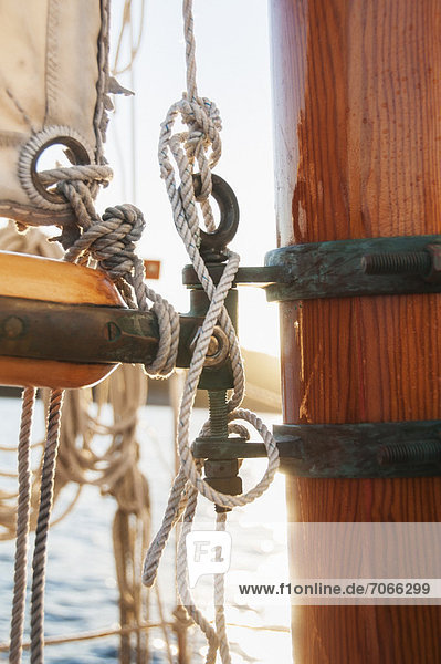 Close-up view of yacht ropes  boom and main mast