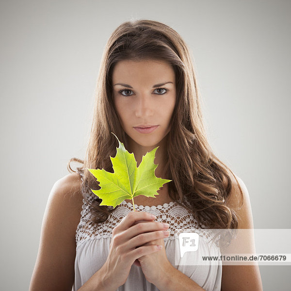 Frau  Schönheit  Pflanzenblatt  Pflanzenblätter  Blatt  grün  halten  Bergahorn  Acer pseudoplatanus