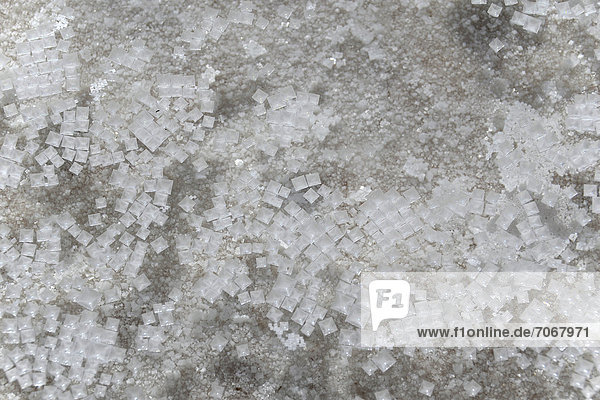 Salt crystals floating on a thin layer of water of the Salar de Uyuni  85% of global lithium resources are suspected in the salt of the salar  Uyuni  Altiplano  Bolivia  South America