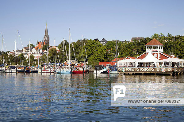 Cafe  Bellevue restaurant and marina on the Schlei River in Flensburg  Schleswig-Holstein  Germany  Europe