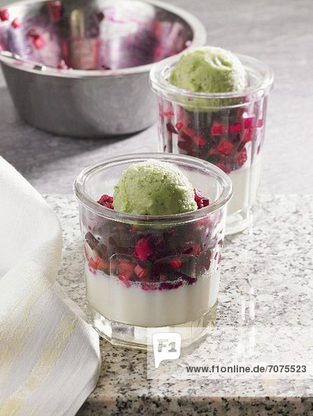 Panna cotta with beetroot and pistachio ice cream