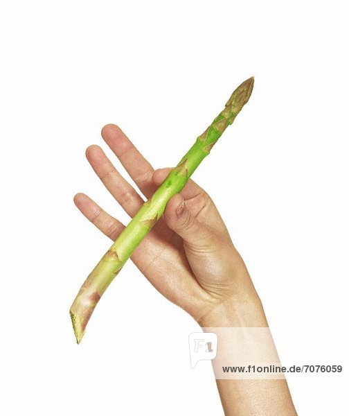 Hand hält eine grüne Spargelstange