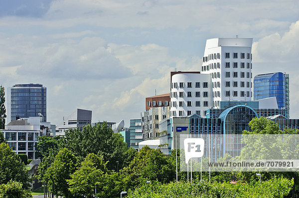 The WDR building and the Gehry buildings  Medienhafen district  Duesseldorf  North Rhine-Westphalia  Germany  Europe