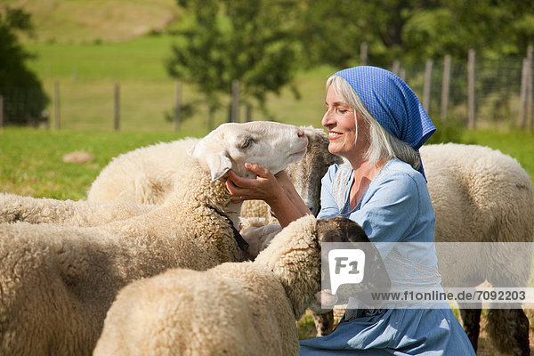 Mature woman playing with sheep on farm