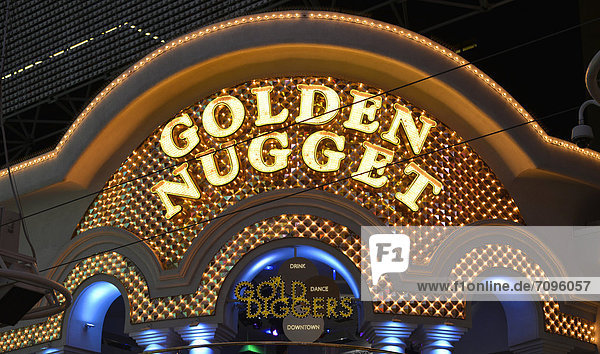 Neon logo of the Golden Nugget Gambling Hotel and Casino  Fremont Street Experience in old Las Vegas  Downtown Las Vegas  Nevada  United States of America  USA  PublicGround