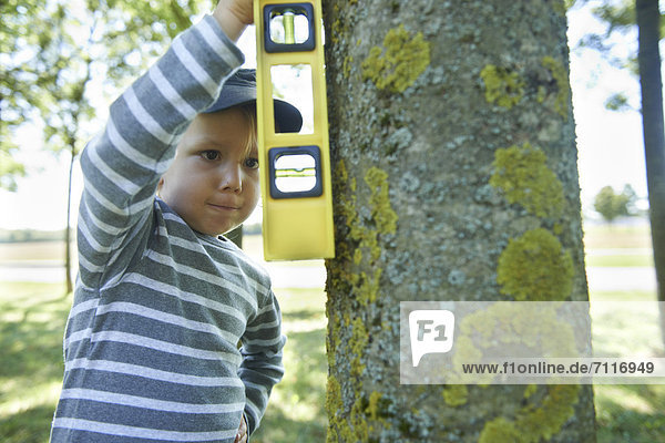 Junge mit Wasserwaage beim Messen an Baumstamm