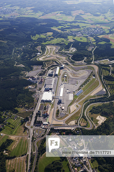 Aerial view  Nurburgring race track with the grandstand and a go-kart track  Muellenbach  Eifel  Rhineland-Palatinate  Germany  Europe