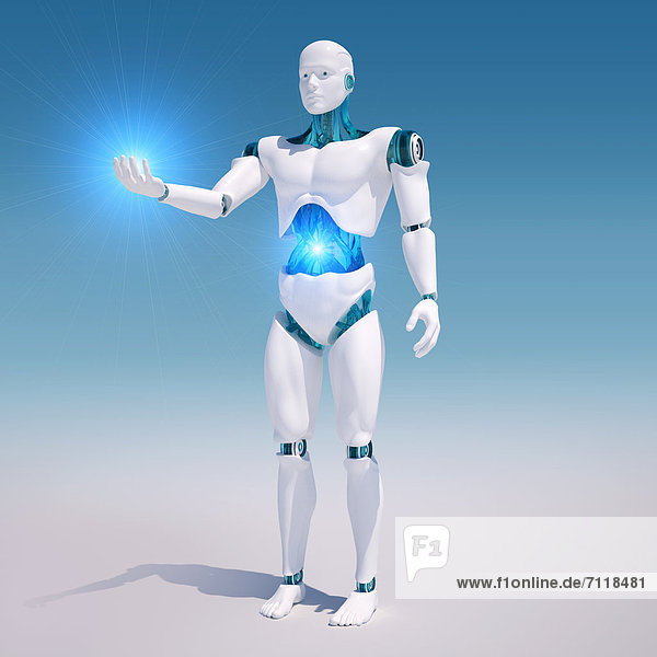 Weißer Roboter mit beleuchtetem Bauch hält ein Licht