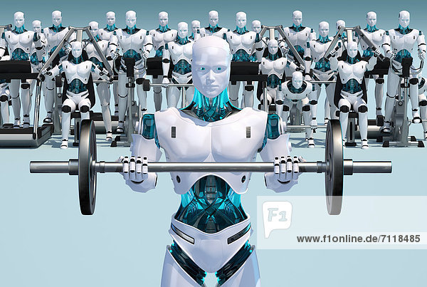 Weißer Roboter mit trainierenden Robotern im Hintergrund hält eine Hantel