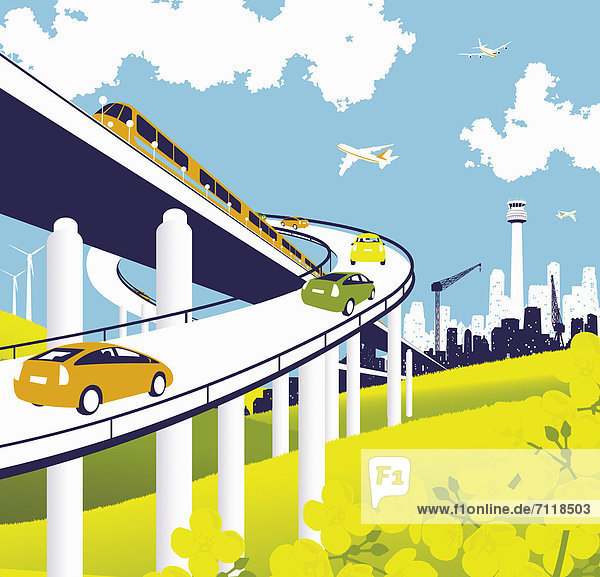 Elevated road and rail with train  cars  and airplanes